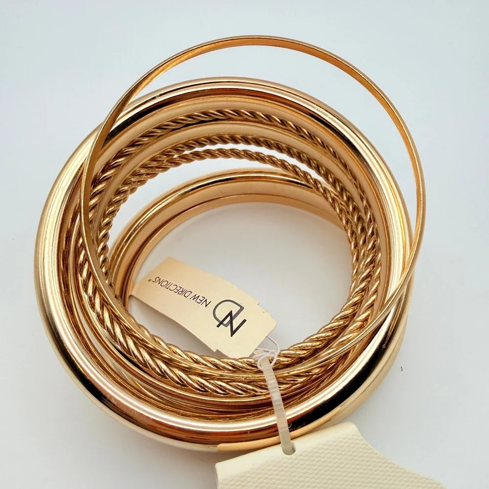 New Directions Gold Tone Bangle Bracelet Set Mixed Textured Twisted 7 Piece NEW